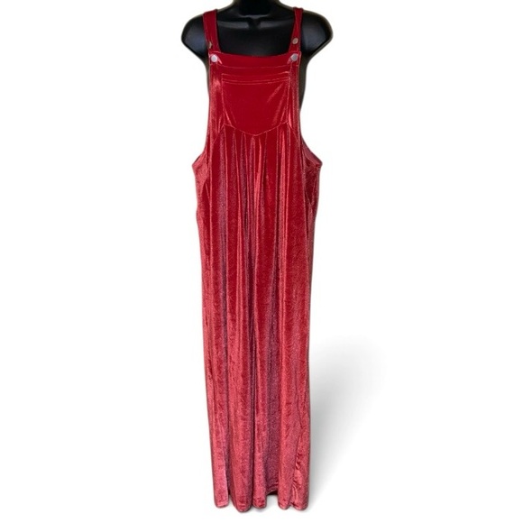 Pants - Red Velvet Wide-Leg Chic Boho Bib Jumpsuit Overalls With Silver Buttons Size L
